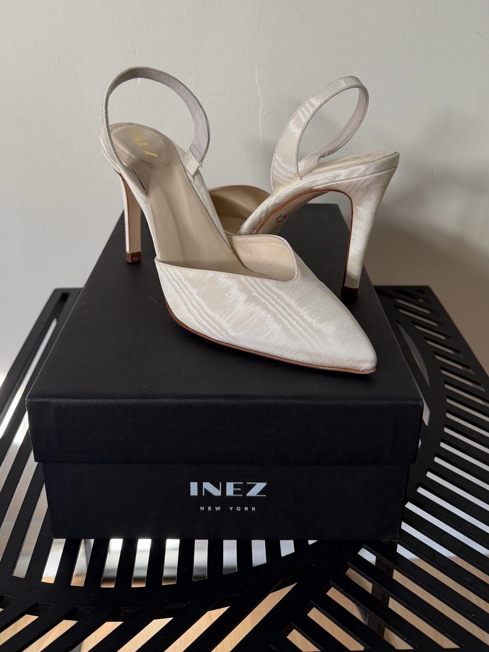 INEZ Diana Cream Moire Satin Stiletto Slingback Pump Heels